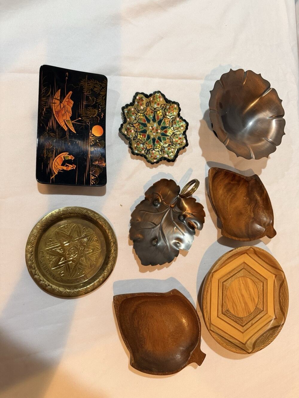Vintage Decorative Bowl Lot of 8 Cloisonne Brass Wood Leaf Bowls Lacquer Box MCM